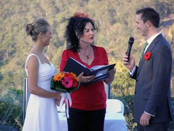 Marry Me Marilyn Officiated at Vicki & David Wedding Ceremony by the pool at the Wings Hinterland Retreat Tallai. The Gold Coast panorama was an amazing backdrop of bushland and high rise and ocean for their ceremony on the Central Gold Coast. 
